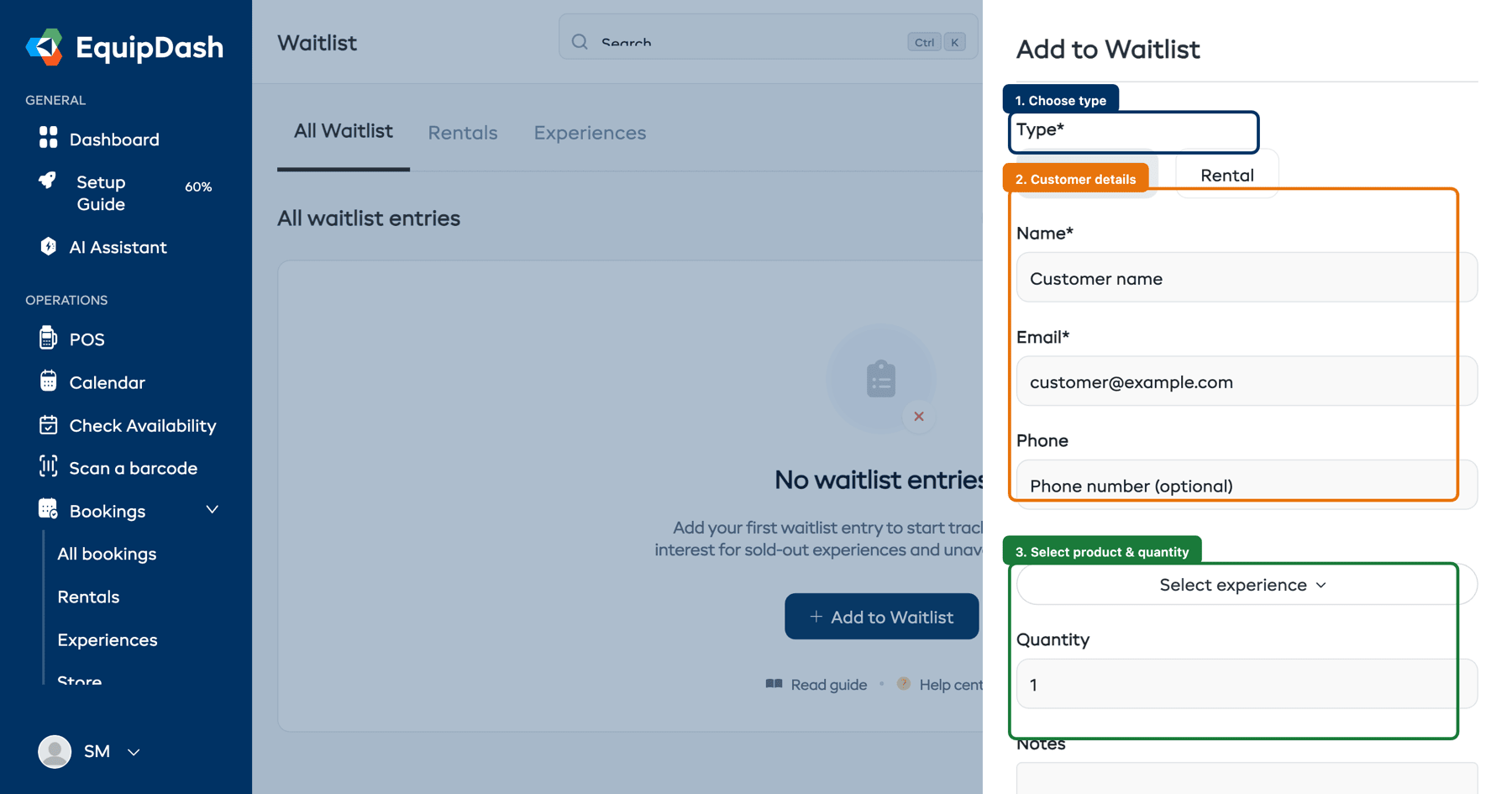 The Add to Waitlist form with type selection, customer details, and product or experience fields