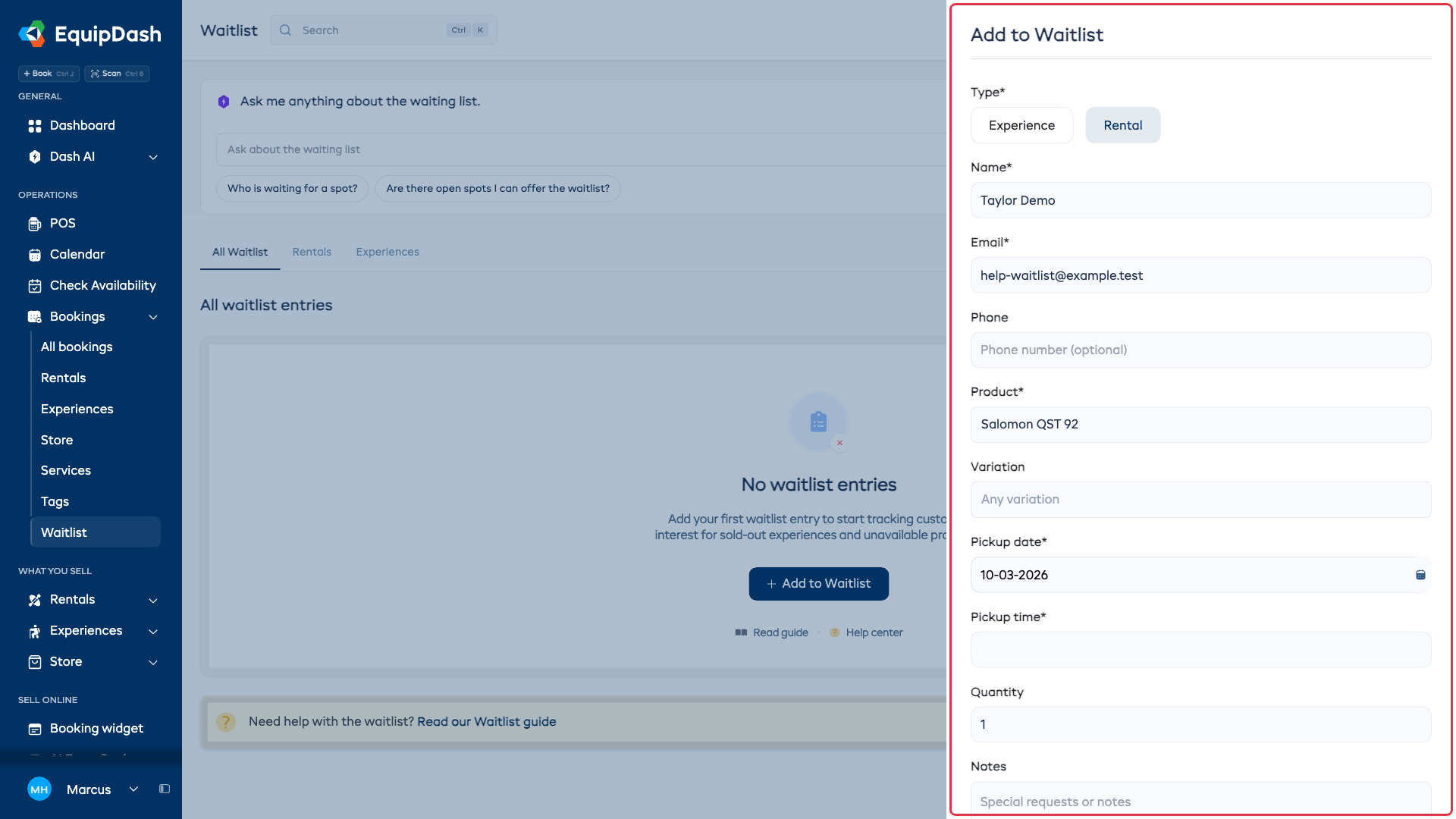The Add to Waitlist form with type selection, customer details, and product or experience fields