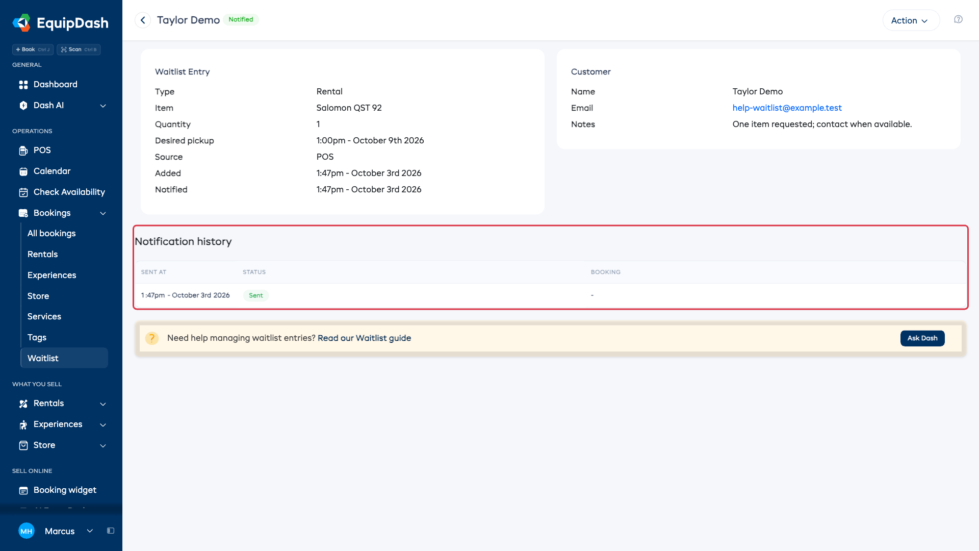 A notified waitlist entry with a Sent record in Notification history