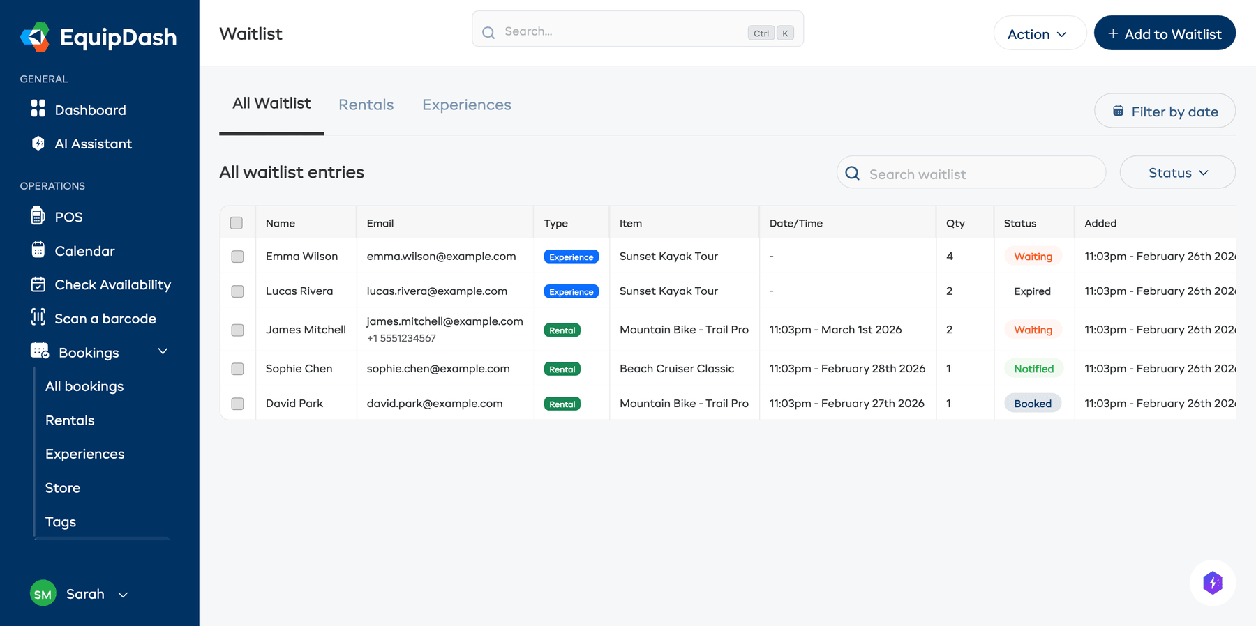 The Waitlist page overview showing type tabs, search and filter options, and the Add to Waitlist button