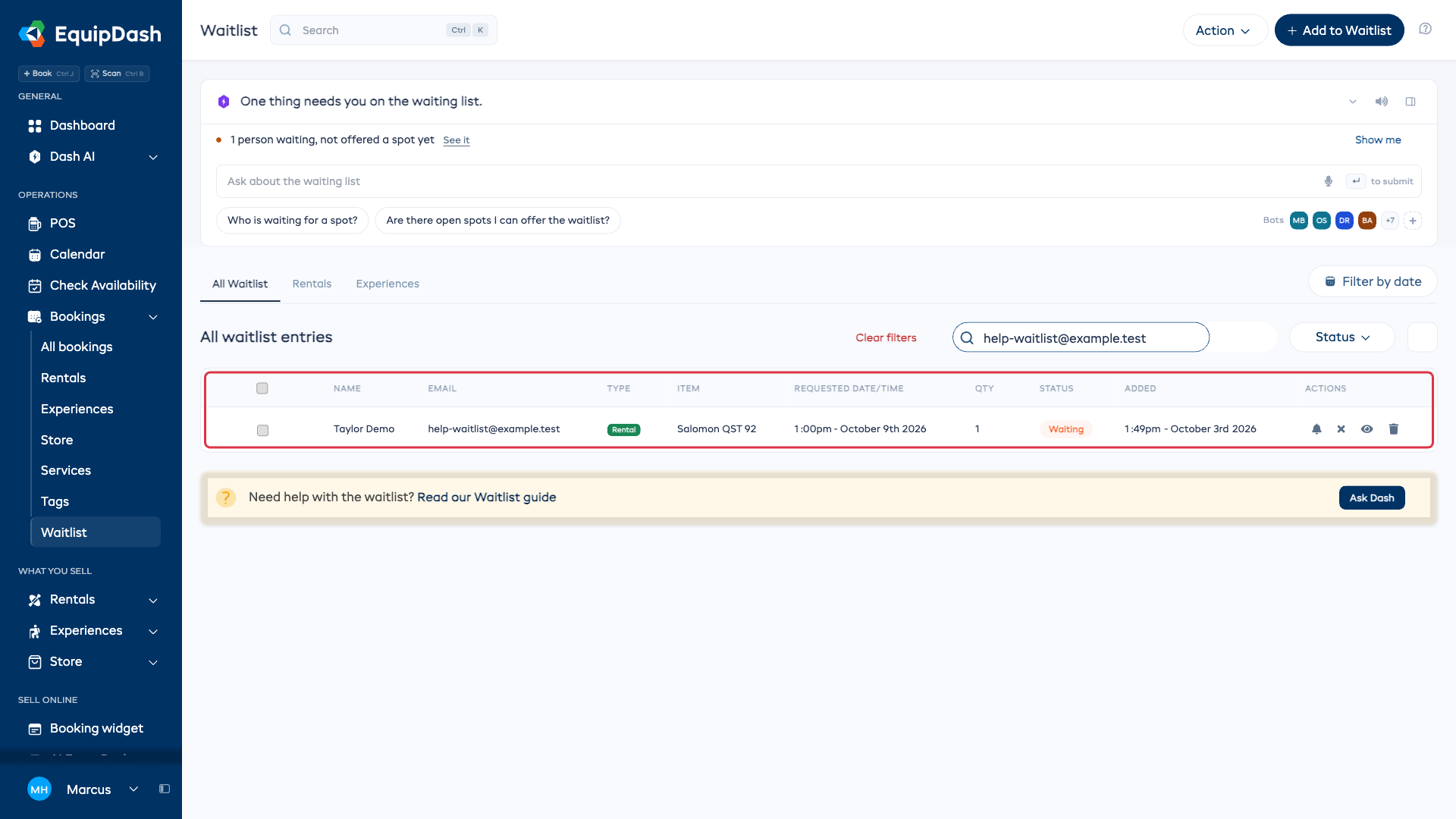 The waitlist table showing a saved waiting request and its details