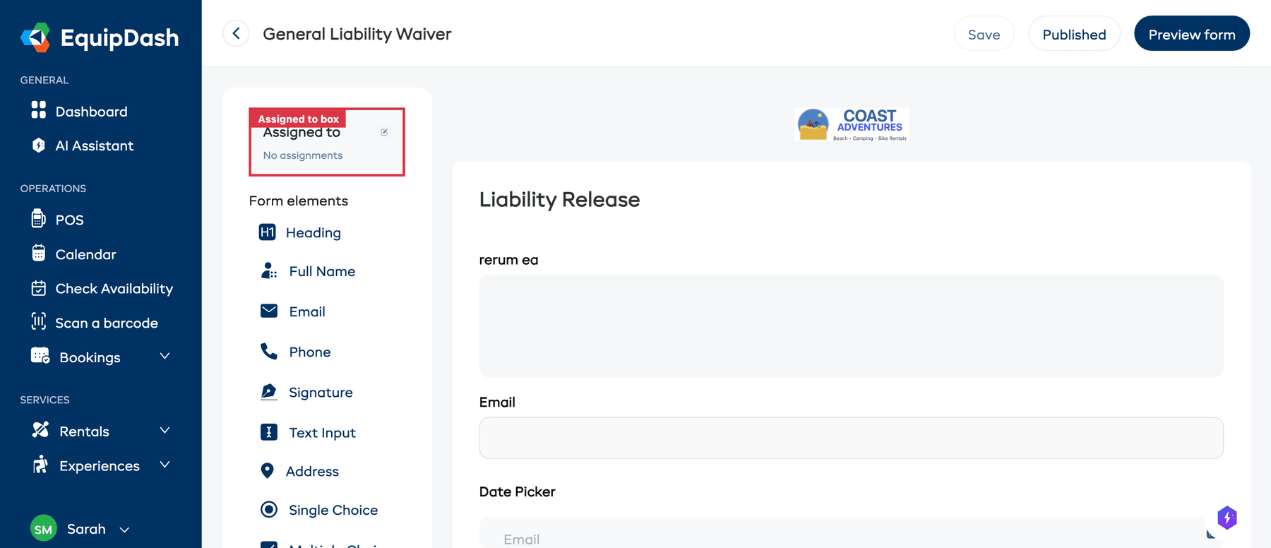 The form builder showing the Assigned to box in the top-left corner with an edit icon