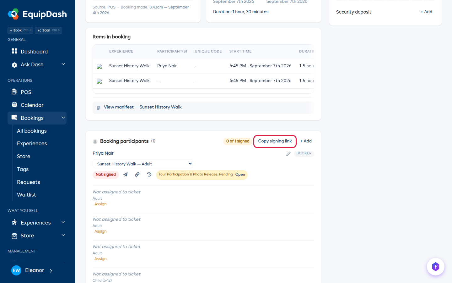 The Booking participants card with the Copy signing link button at the top of the card