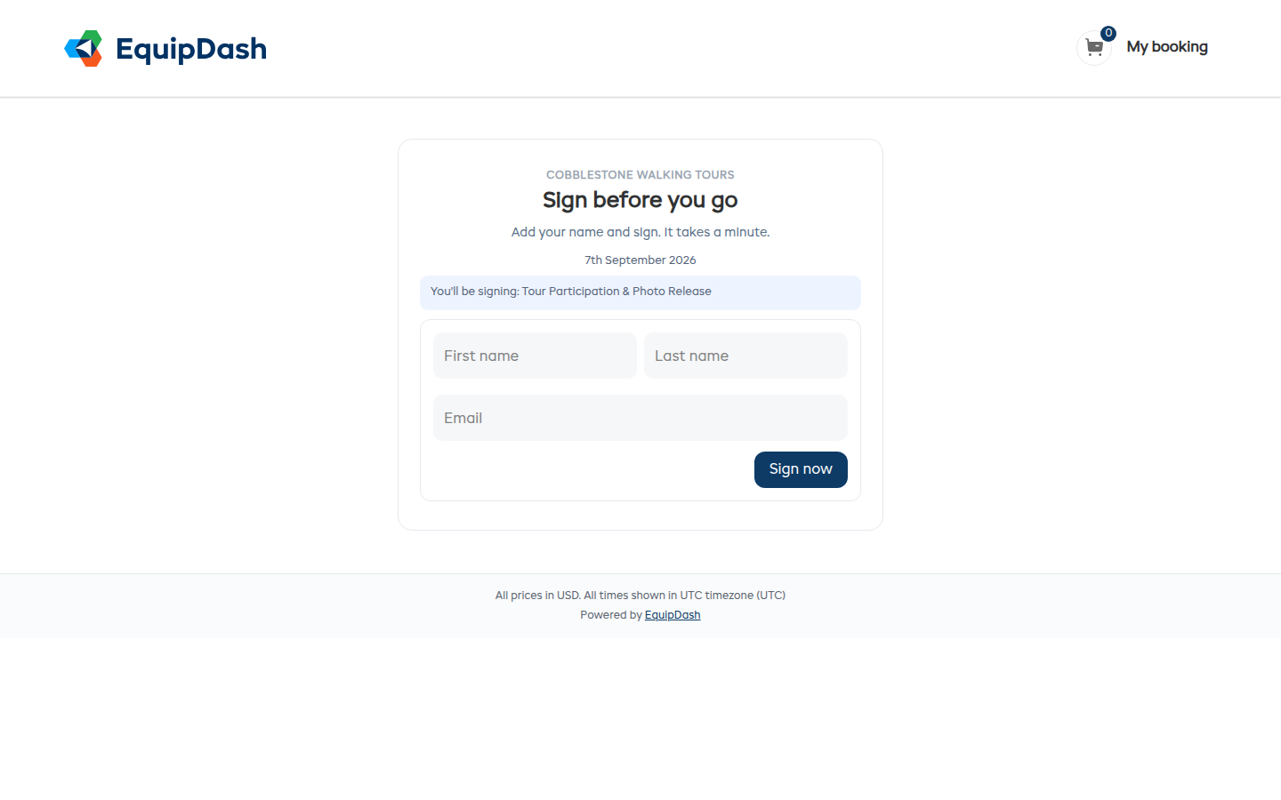 The signing page asking for a first name, last name and email, with the form they will be signing named above the fields