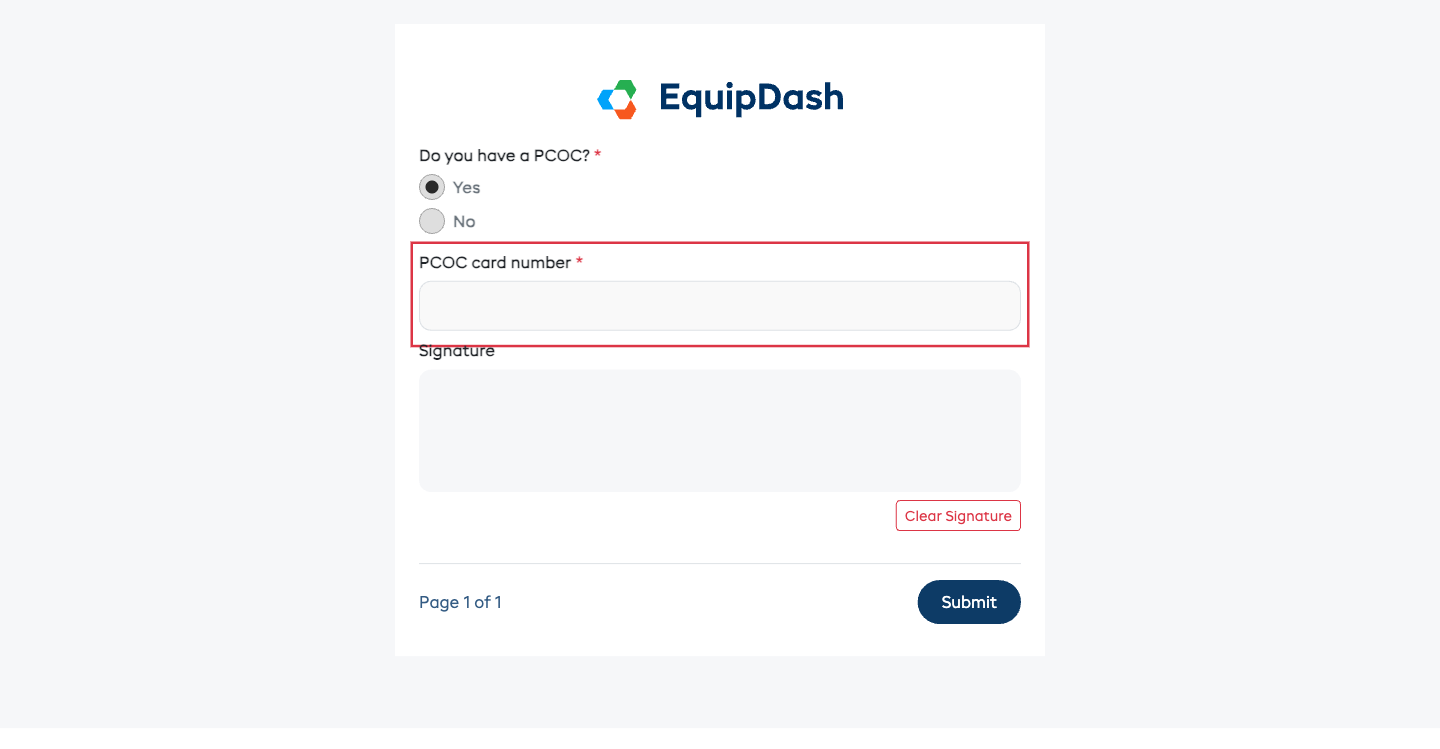 The customer-facing form with "Yes" selected, where the PCOC card number field (highlighted) has appeared in response to the answer