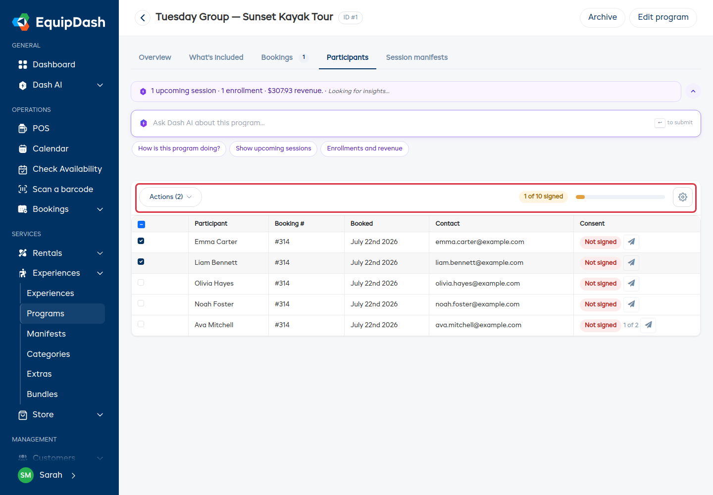 A program Participants tab with a Consent column per person, checkboxes, an Actions menu and a signed summary in the toolbar