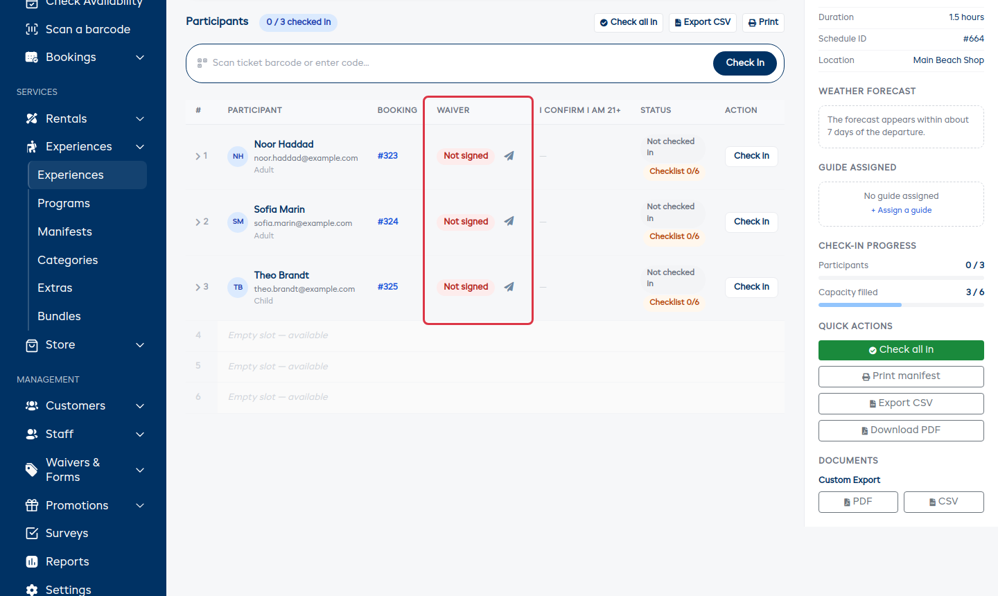 A session manifest with the Waiver column highlighted, showing each participant's consent status and a chase button