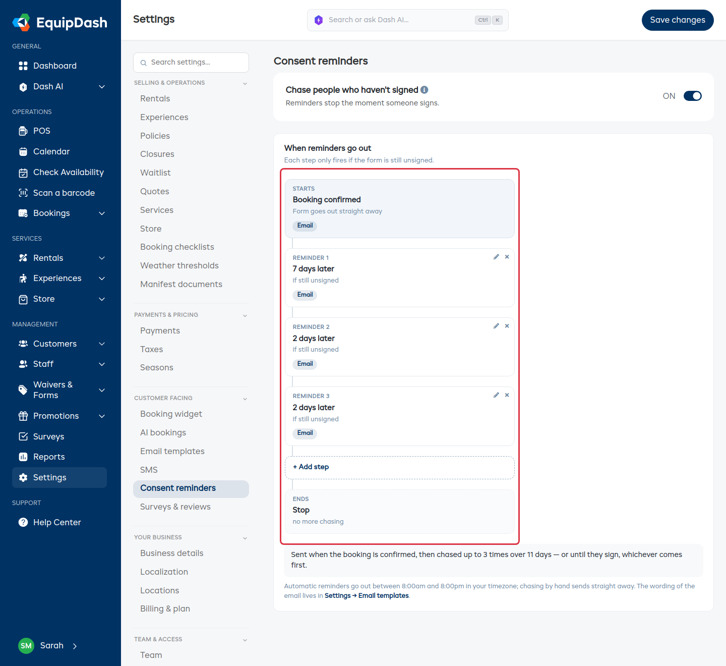 The Consent reminders settings page with the reminder sequence highlighted โ booking confirmed, three reminders, then stop