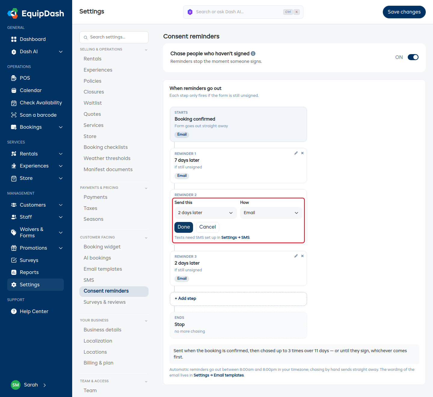 A reminder step opened for editing, with the Send this and How dropdowns, Done and Cancel
