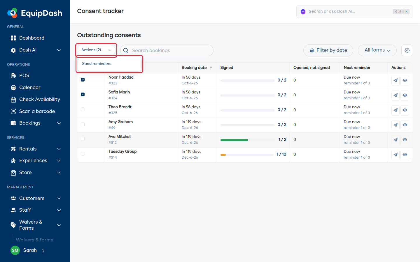 The Consent tracker with two bookings selected and the Actions menu open on Send reminders