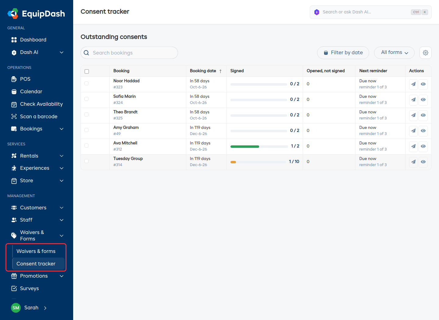 The left sidebar with Waivers &amp; Forms expanded, showing the Waivers &amp; forms and Consent tracker sub-items