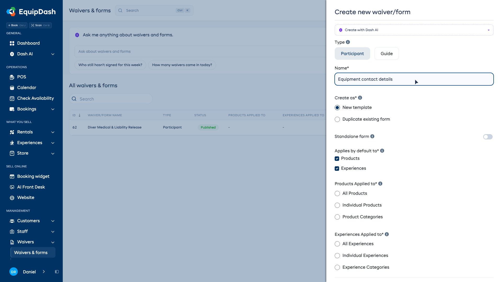 The Create new waiver/form sidebar panel showing the Name field, Create as options, the Standalone form switch, and the Applies by default to checkboxes