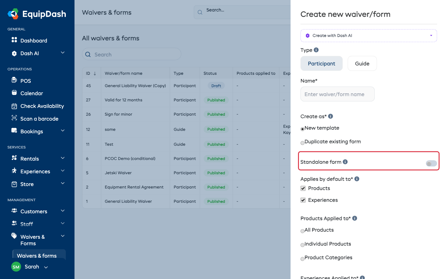 The Create new waiver/form sidebar panel showing the Name field, Create as options, the Standalone form switch, the Applies by default to checkboxes, and the action buttons