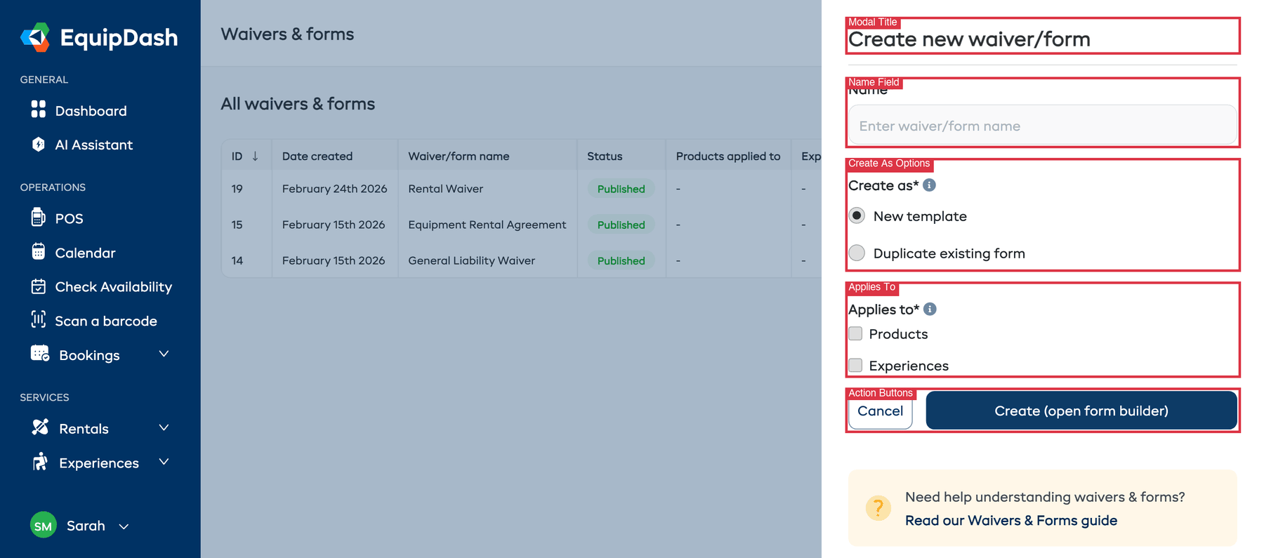 The Create new waiver/form sidebar panel showing the Name field, Create as options, Applies to checkboxes, and action buttons