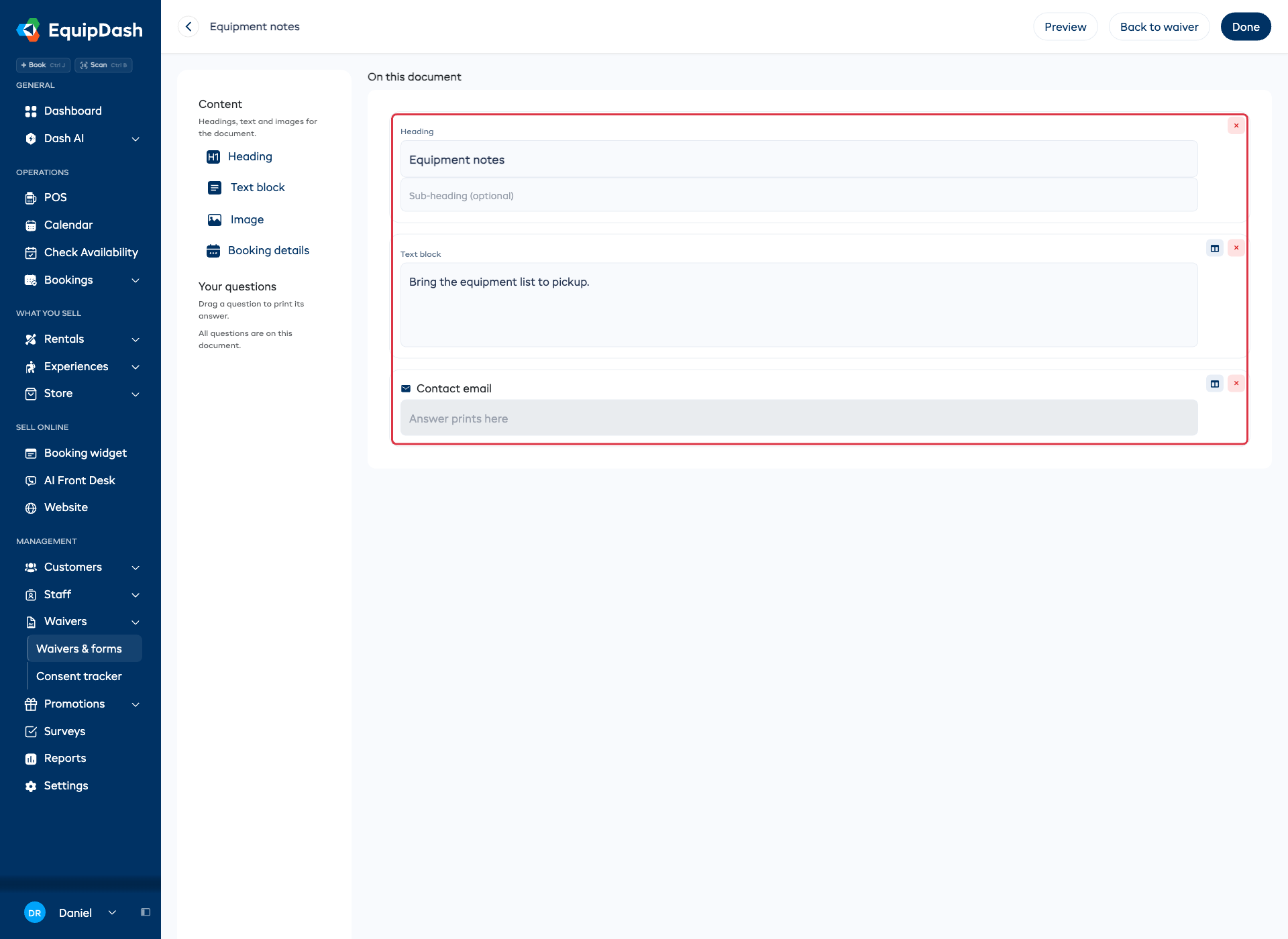 The Equipment notes document with a heading, pickup instructions, and a Contact email answer, with Content and Your questions on the left and Preview and Done above