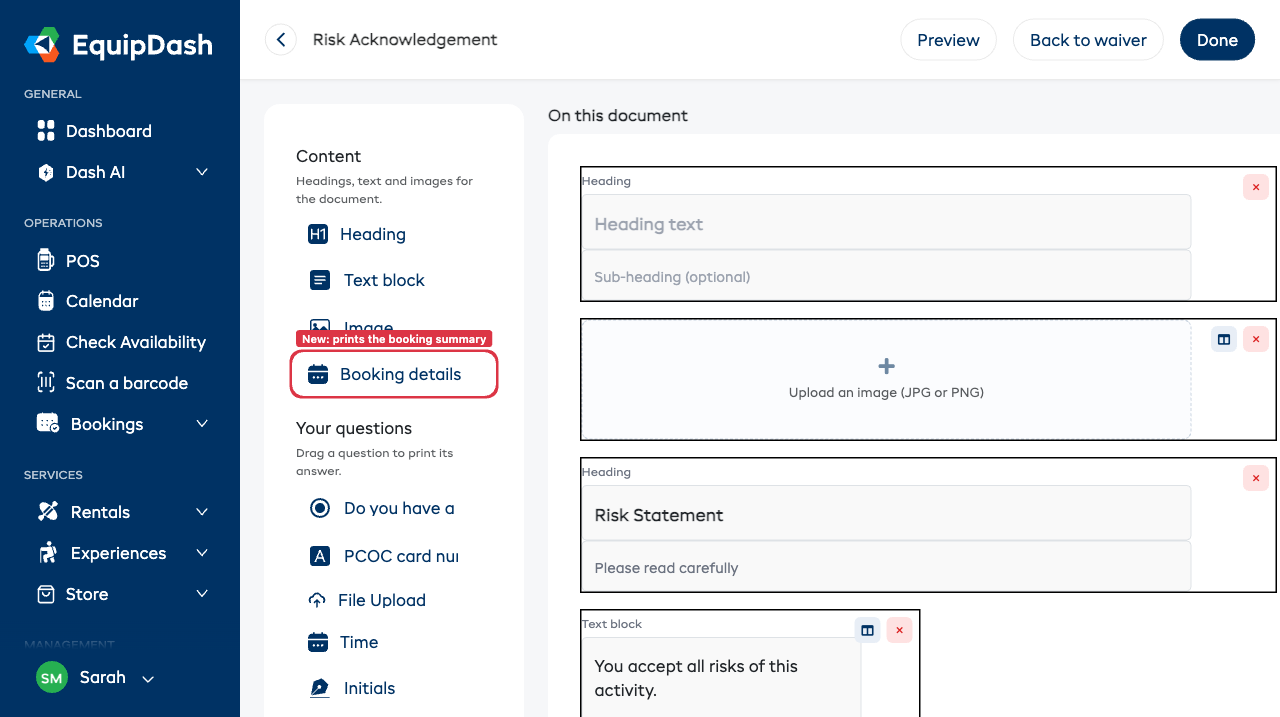 The drag-and-drop document builder — the Content and Your questions palette on the left, the document card in the middle showing a heading, a text block and a couple of question answers, with Preview and Done in the top bar