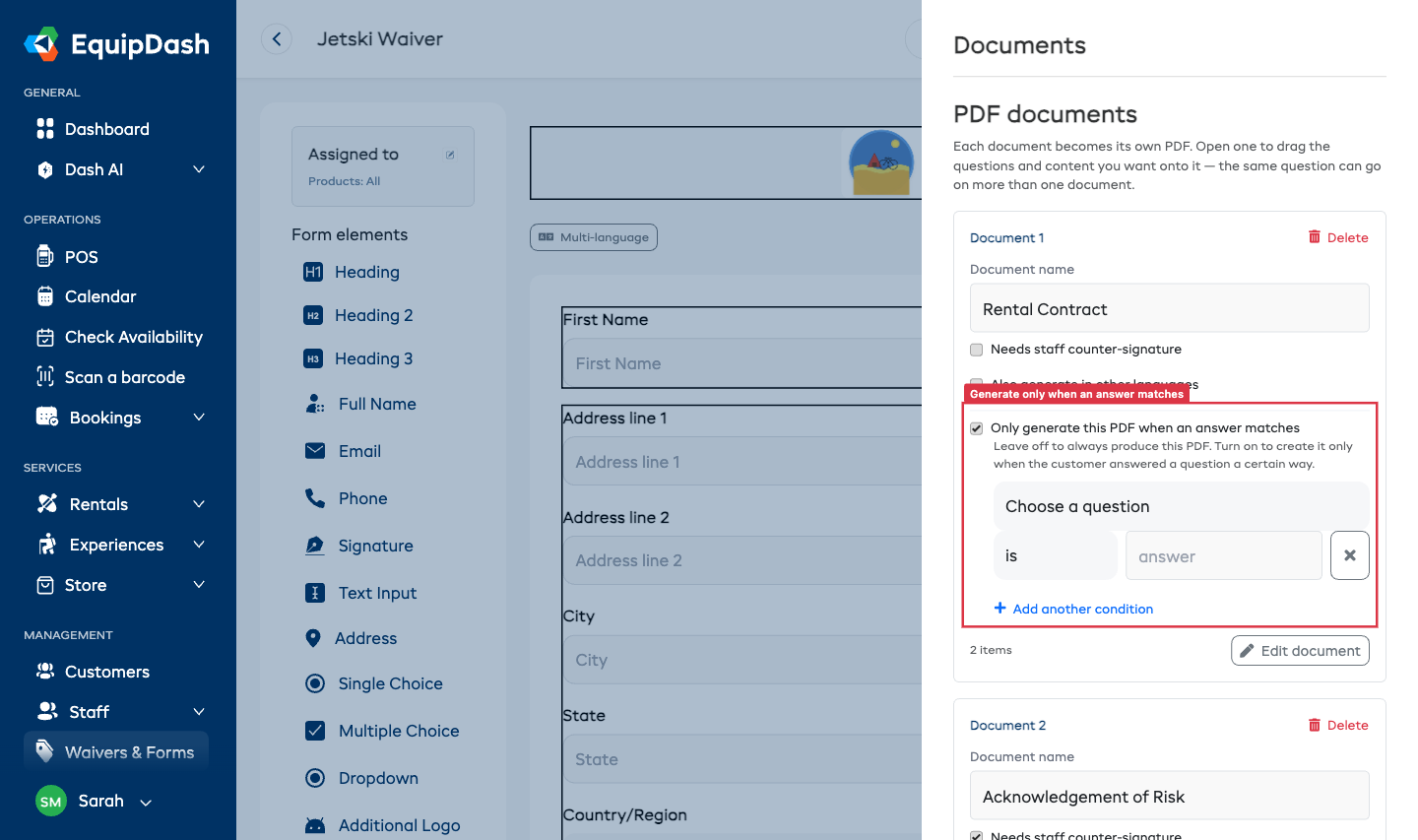 A document in the Documents panel with "Only generate this PDF when an answer matches" ticked, showing a question dropdown, an "is" operator and an answer field