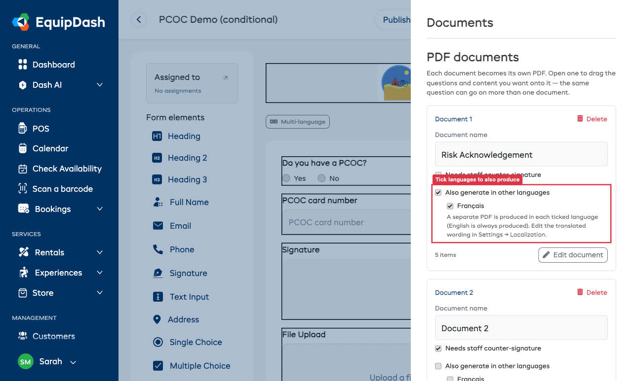 A document in the Documents panel with "Also generate in other languages" ticked, showing a Français checkbox