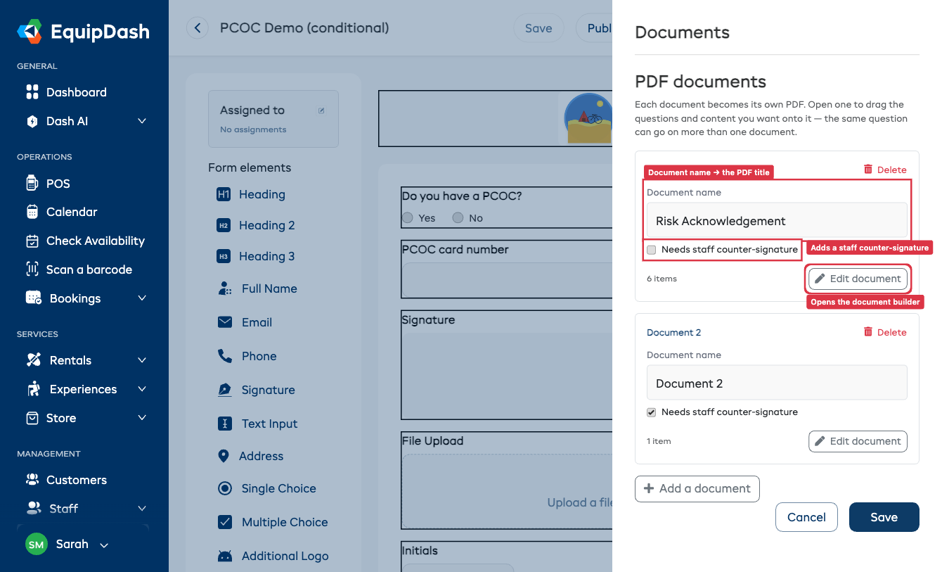 The Documents panel sliding in from the right of the form builder, showing a created document with its Document name field, a "Needs staff counter-signature" checkbox, an item count, and an "Edit document" button