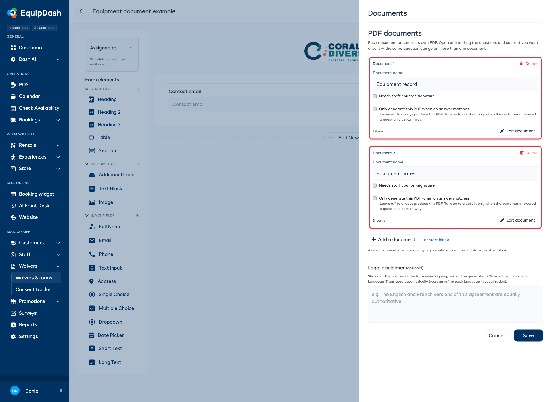 The Documents panel with Equipment record and Equipment notes, saved names, optional rules, and an Edit document link for each PDF