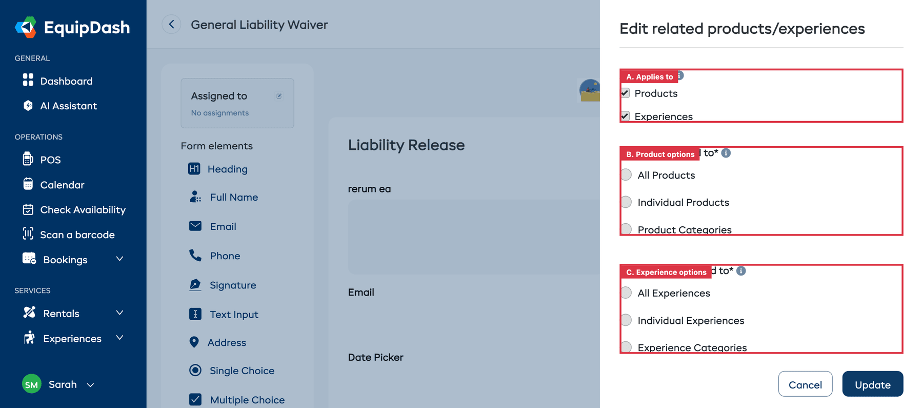 The Edit related products/experiences sidebar panel with Applies to checkboxes for Products and Experiences, and options for All/Individual/Categories