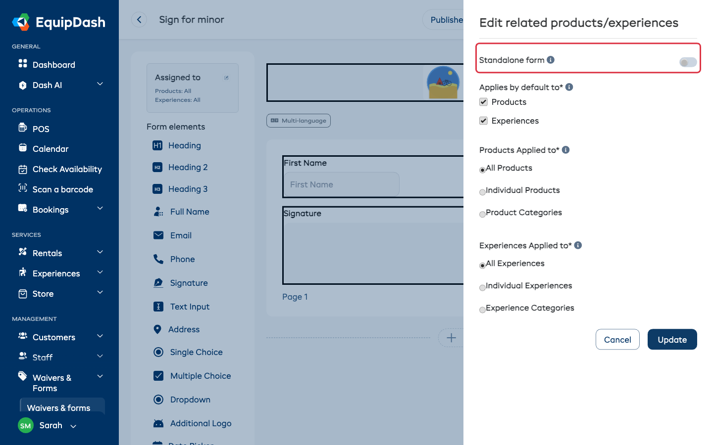 The Edit related products/experiences sidebar panel with the Standalone form switch above the Applies by default to checkboxes for Products and Experiences, and options for All/Individual/Categories