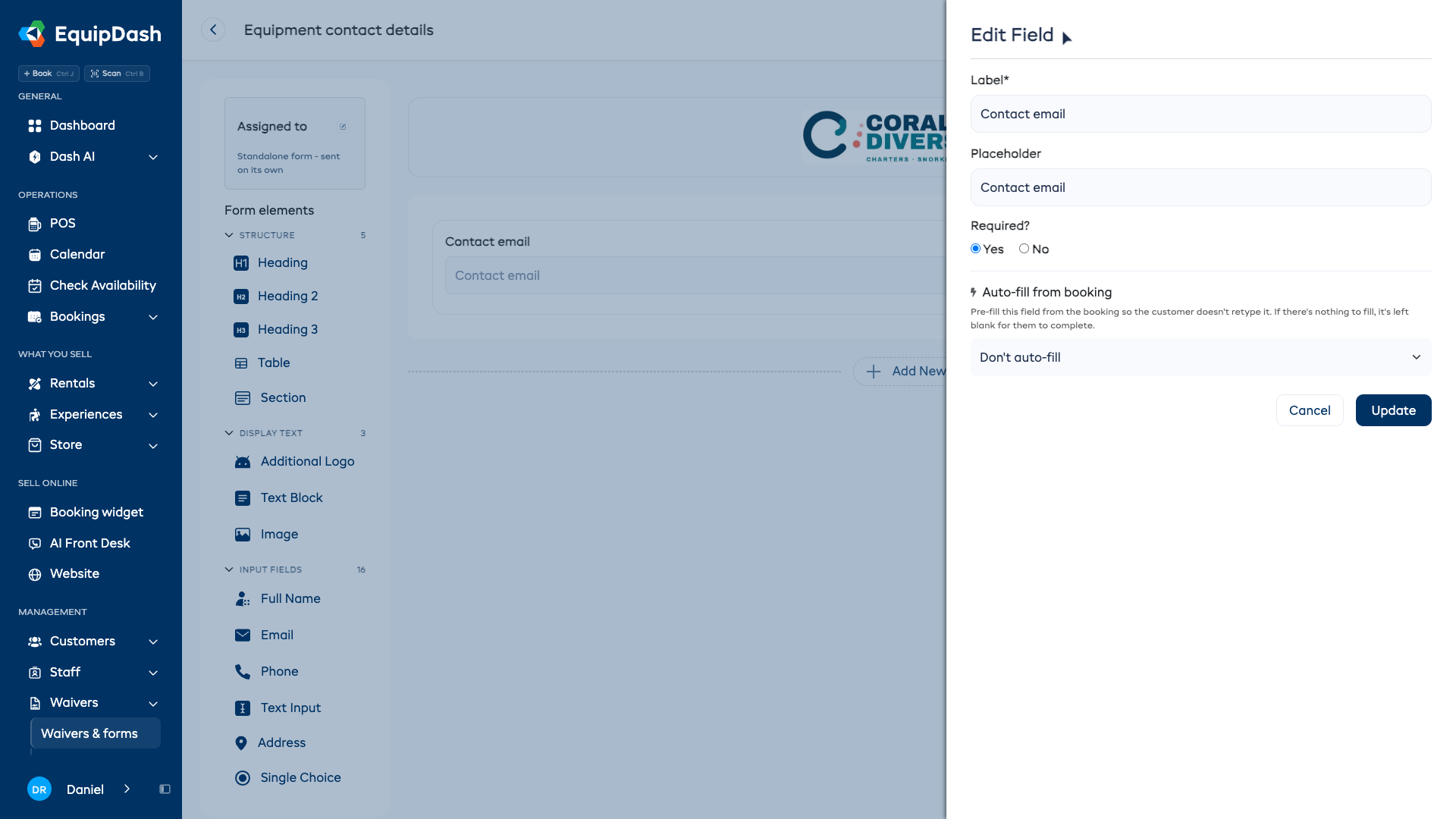The Edit Field sidebar panel showing Label, Placeholder, and Required options with Cancel and Update buttons