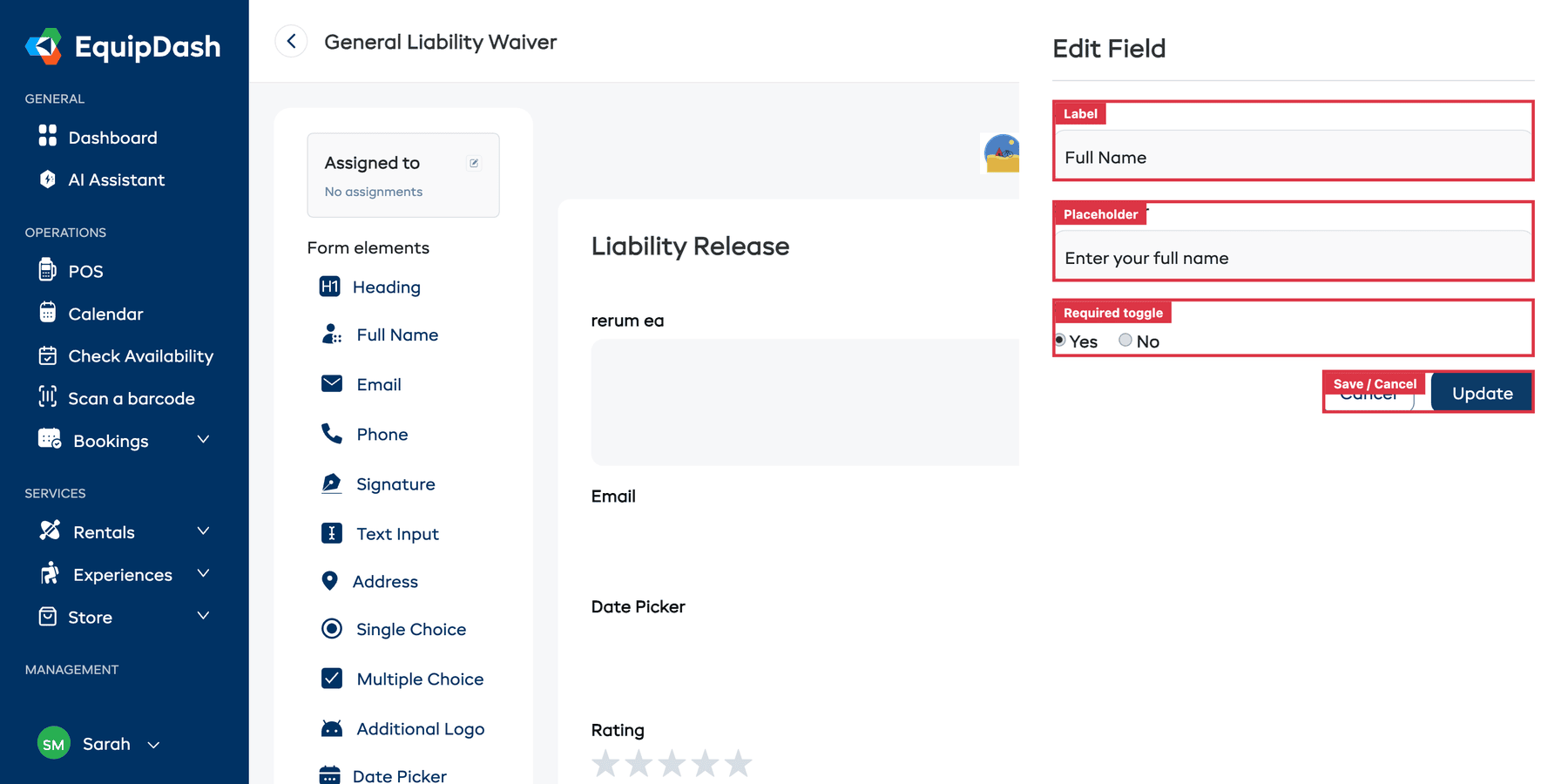 The Edit Field sidebar panel showing Label, Placeholder, and Required options with Cancel and Update buttons