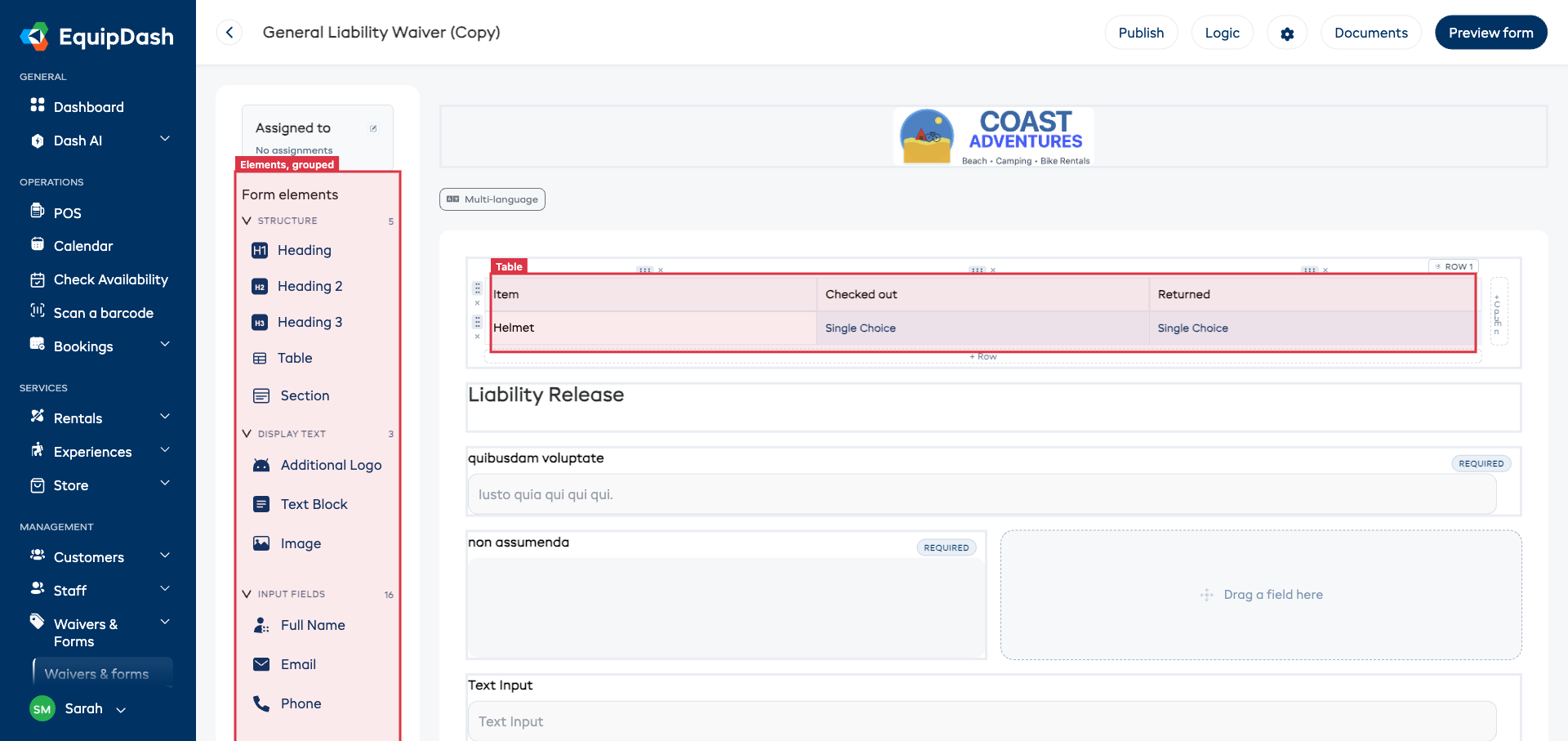 The form builder with the elements list grouped under Structure, Display text and Input fields on the left, and a table on the form canvas