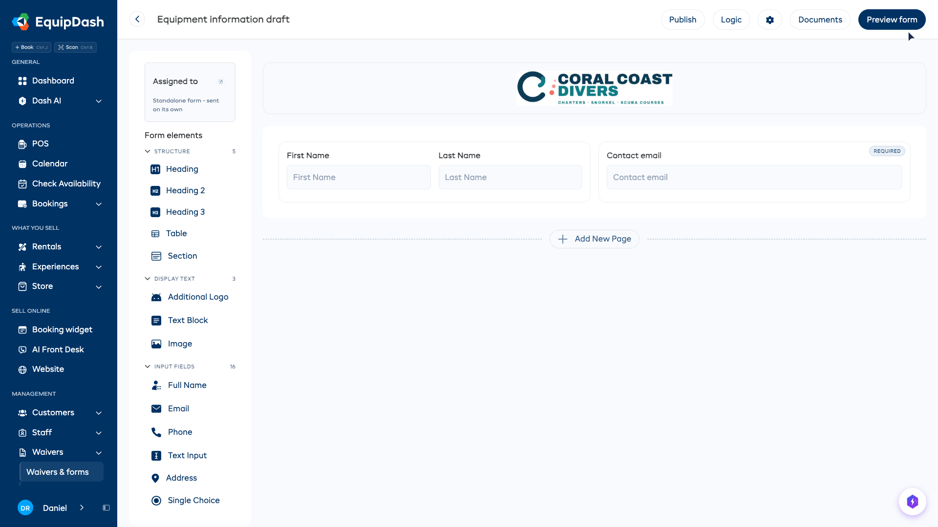 The form builder with the grouped elements list on the left and name and email questions side by side on the canvas