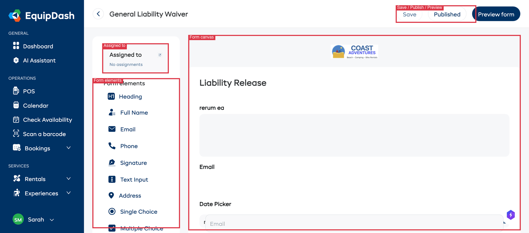 The form builder interface showing the form name header, save/publish/preview buttons, assigned to box, form elements panel on the left, and the form canvas on the right