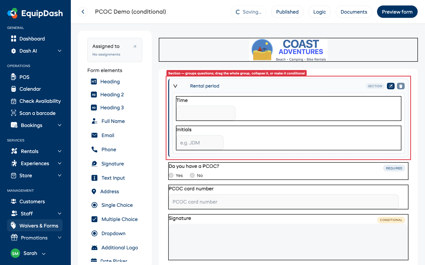 The form builder showing a named section with several questions grouped inside its dashed area