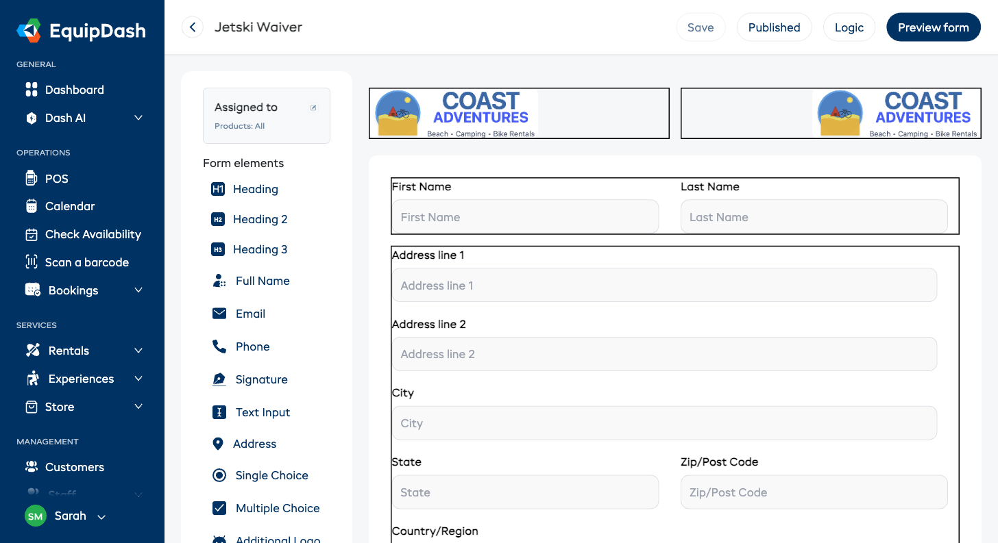 The form header split into two columns, with the logo on the left and a second uploaded image on the right