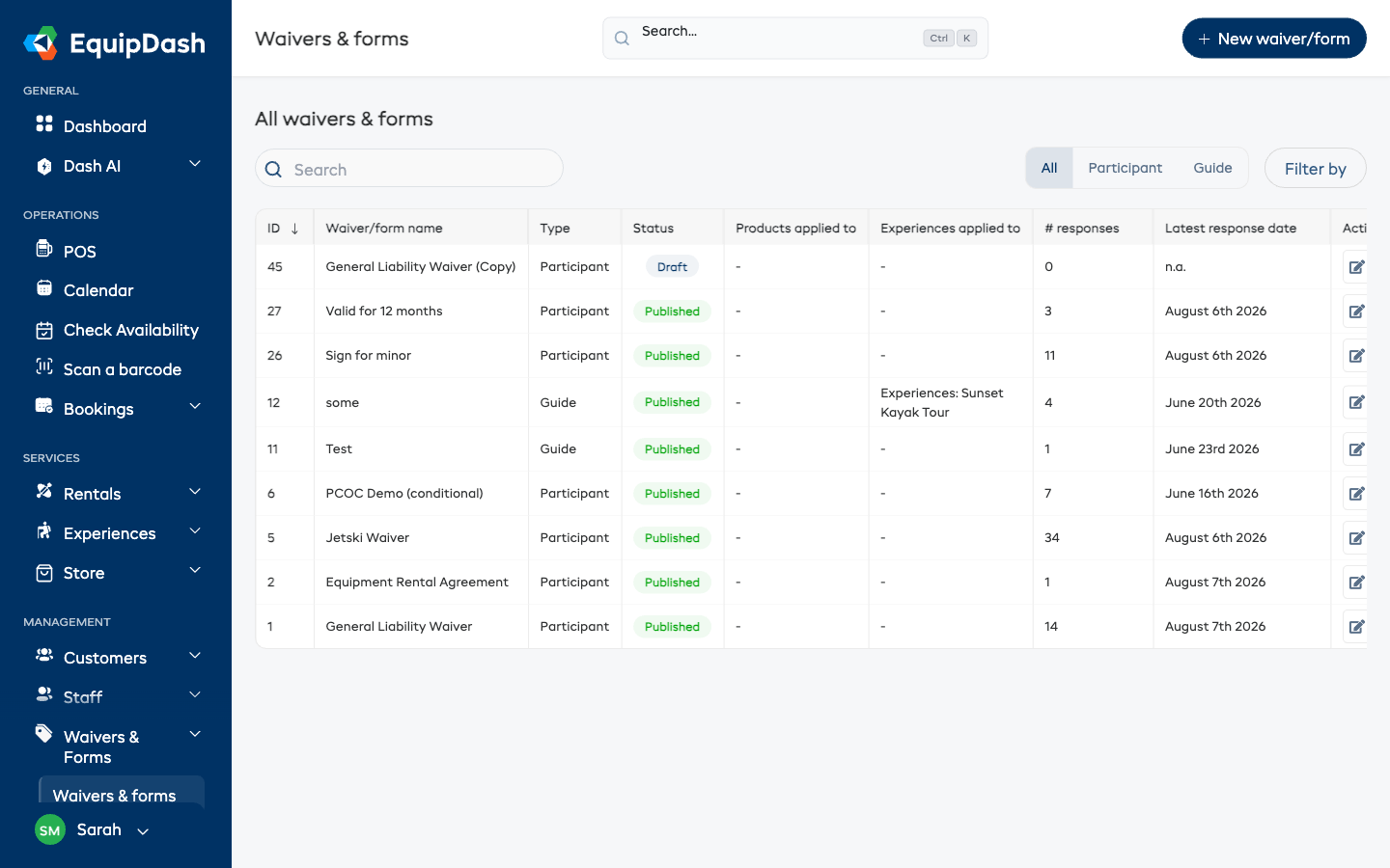 The Waivers &amp; Forms index page showing the page header, New waiver/form button, search and filter controls, and the waivers table