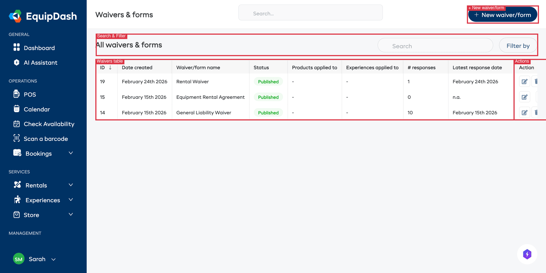 The Waivers &amp; Forms index page showing the page header, New waiver/form button, search and filter controls, and the waivers table