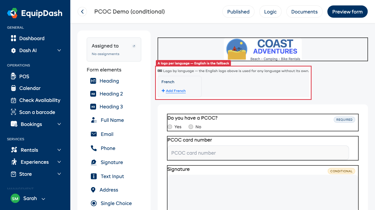 The form builder header with the logo's Multi-language panel open — a "Logo by language" section explaining the English logo is the fallback, with an "Add French" slot to upload a French logo