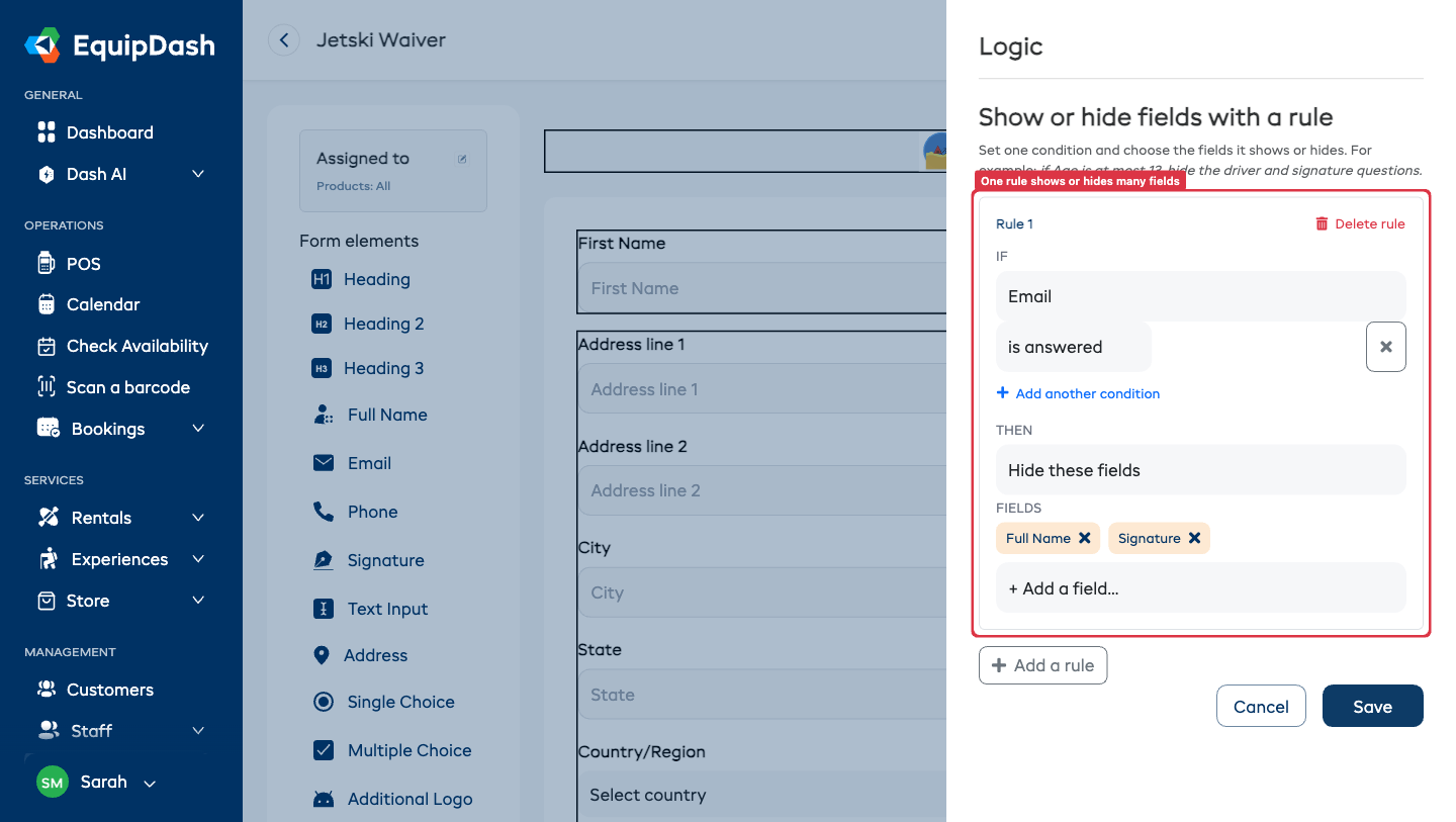 The Logic panel showing a rule that hides several fields when a condition matches
