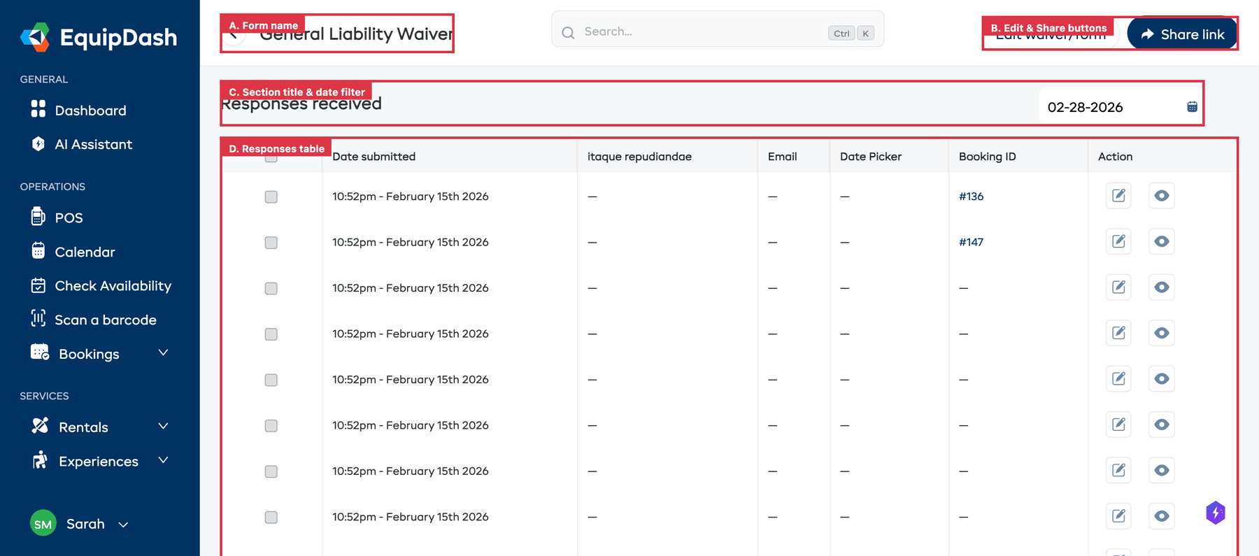 The Responses page showing the form name header, Edit waiver/form and Share link buttons, date filter, section title, and the responses table