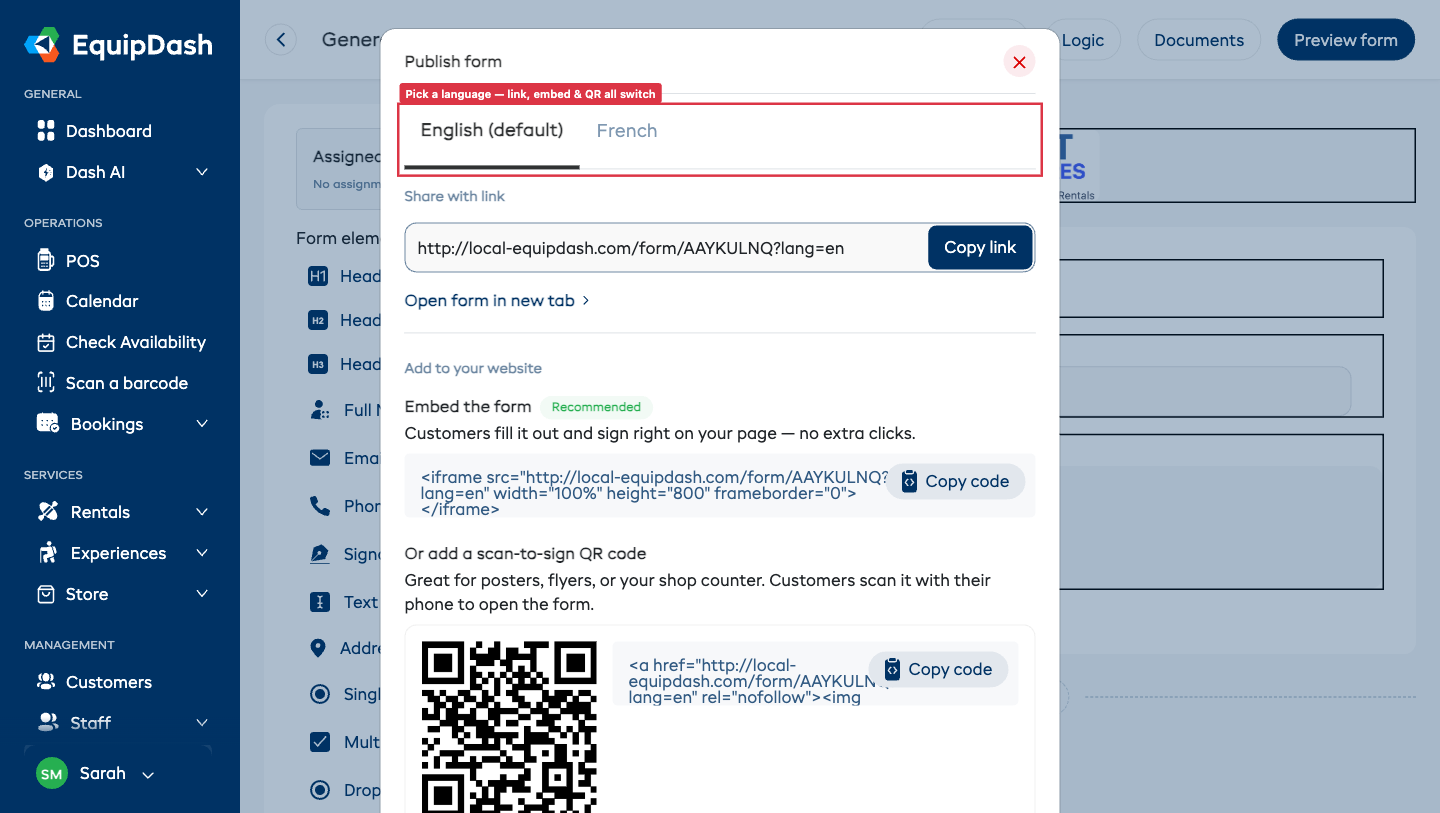 The Publish form modal with language tabs (English (default), French) at the top, above the shareable link, Open form in new tab link, and an Add to your website section with the Embed the form code and a scan-to-sign QR code with its own embed code and Download QR image button