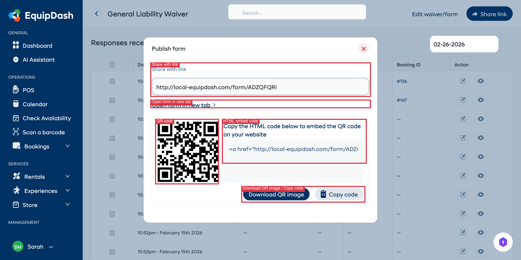 The Publish form modal showing the shareable link with Copy link button, Open form in new tab link, QR code with embed code, and Download QR image and Copy code buttons