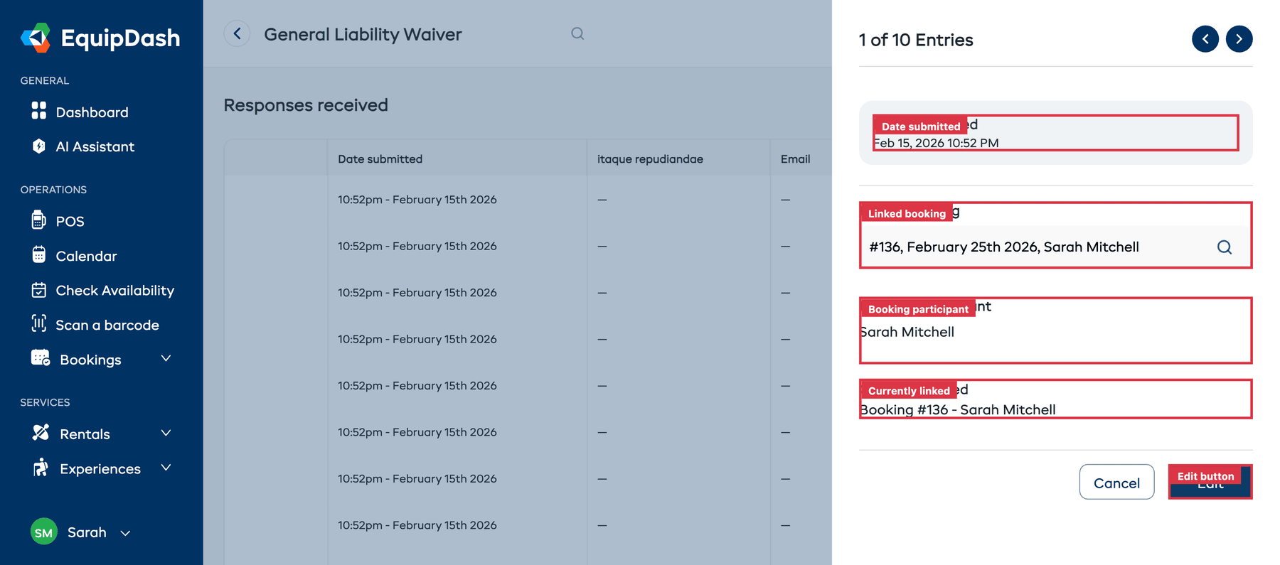 The response detail sidebar showing the entry counter with navigation arrows, date submitted, linked booking, booking participant, and Edit button