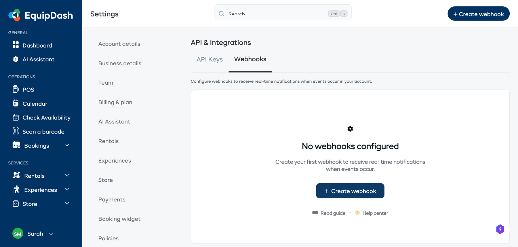 The Webhooks tab on the API & Integrations settings page