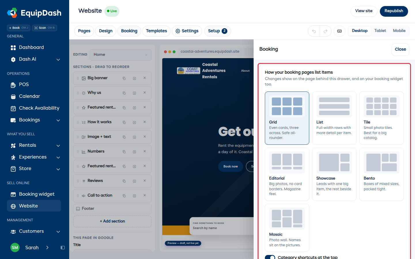 The Booking panel, with the listing and checkout settings