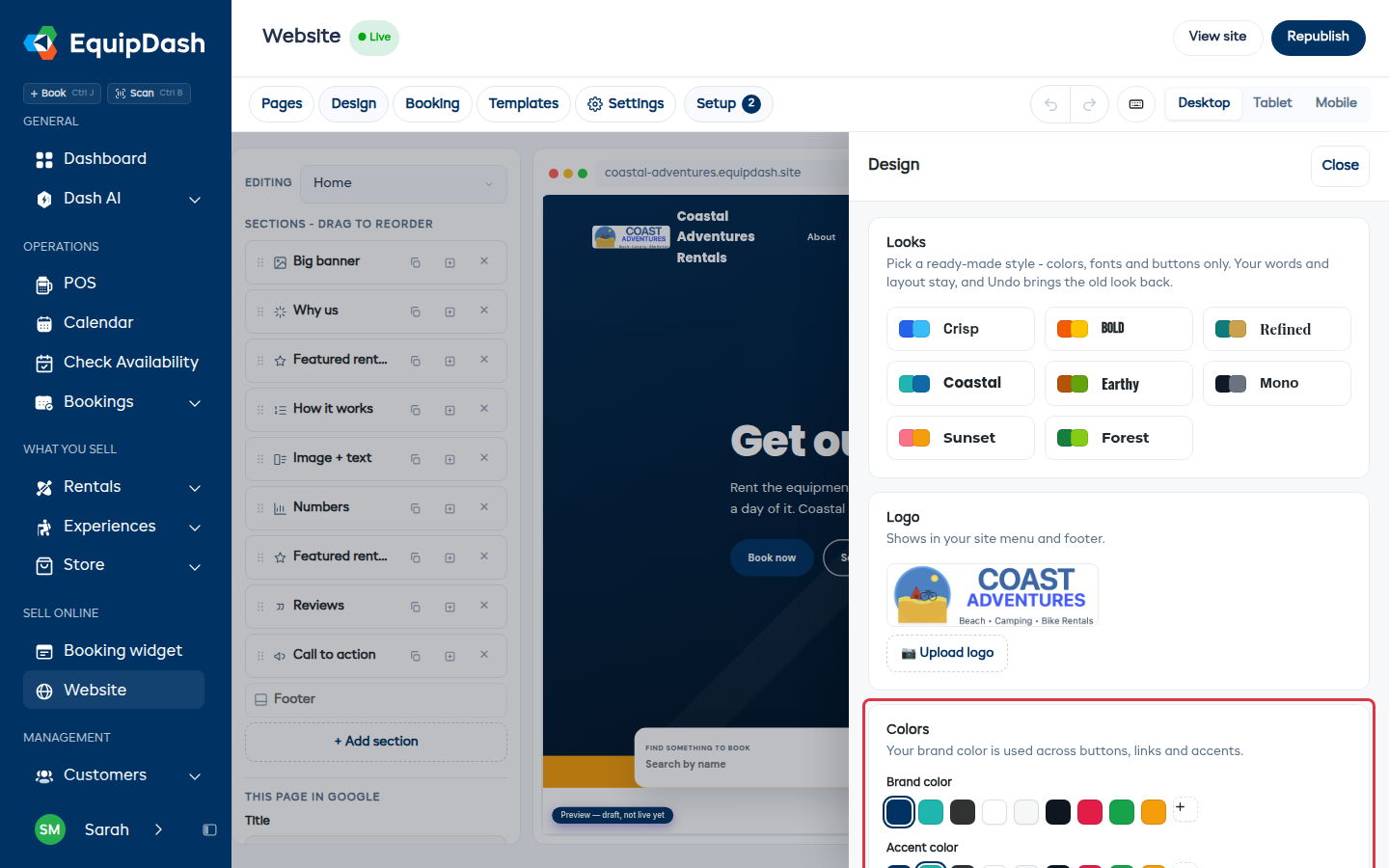 The Design panel, with the logo, brand color and font controls