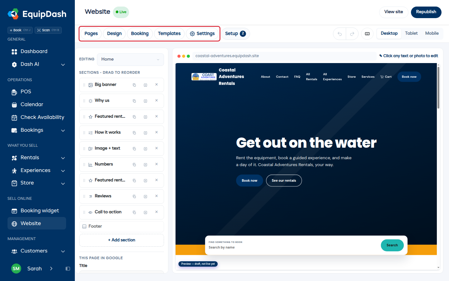 The website builder with the section list on the left and your site on the right