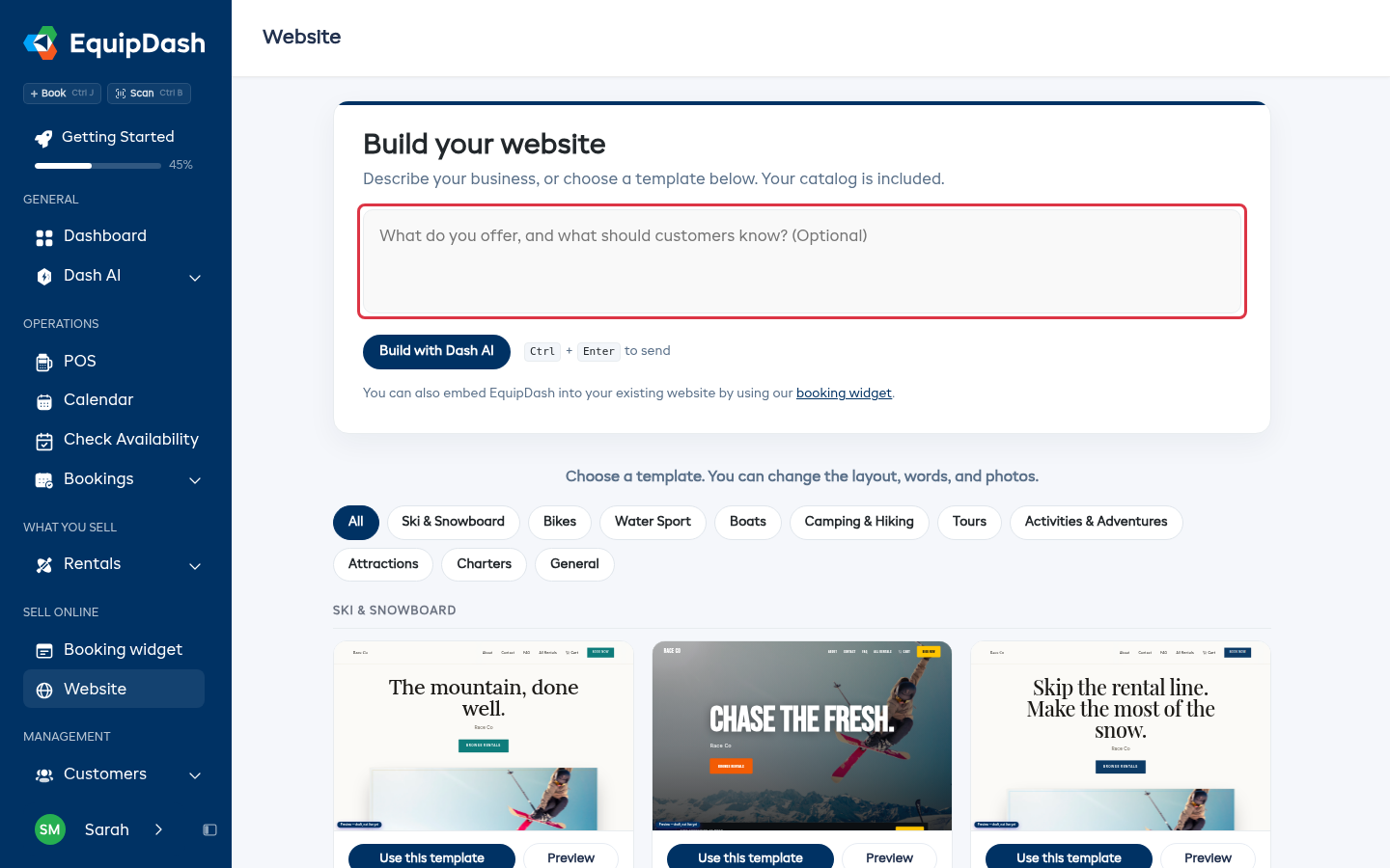 The Build your website page, with the description box and the Build with Dash AI button