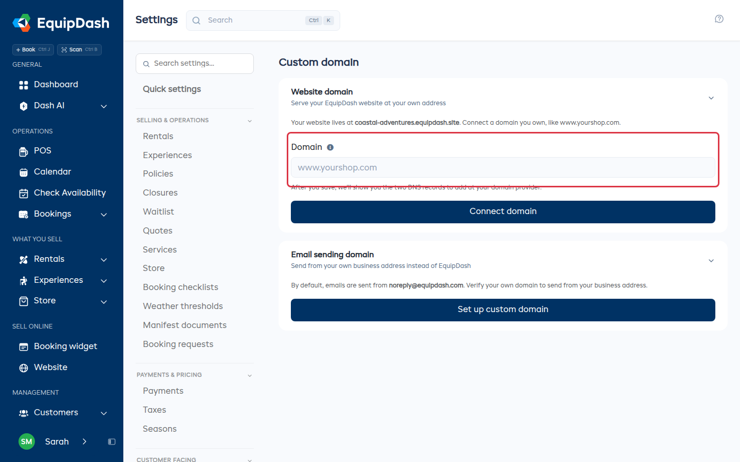 The Custom domain page in Settings, with the domain field