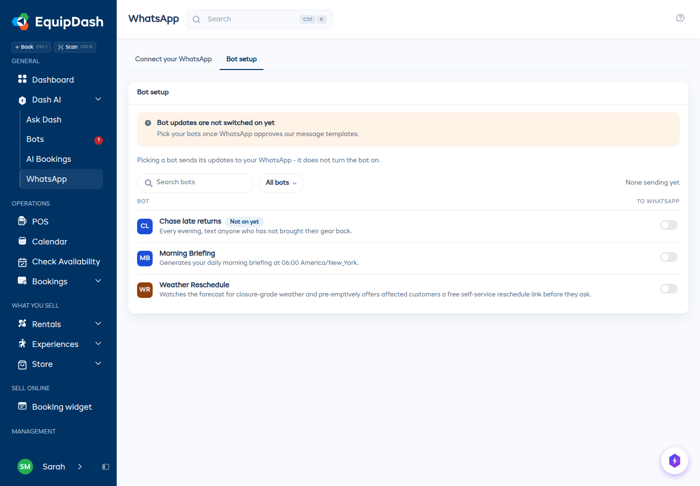 The Bot setup tab, with one switch per bot for sending its updates to WhatsApp