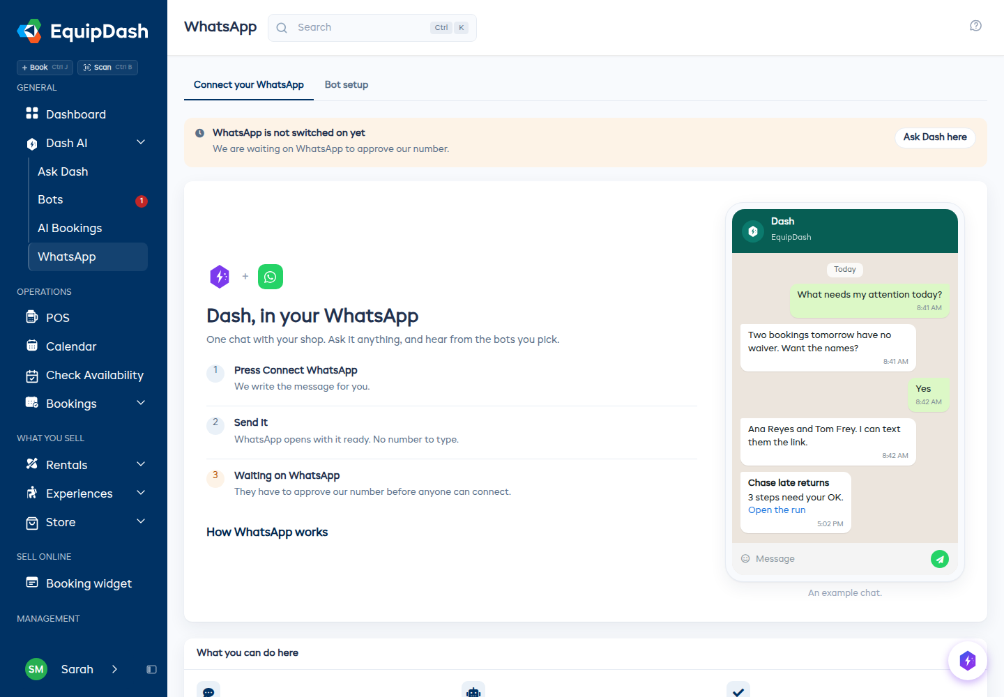 The WhatsApp page, with the three steps for connecting a phone and an example of the chat