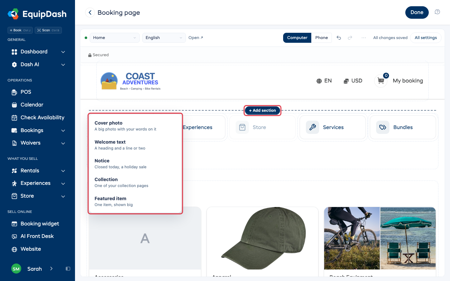 The + Add section menu above the first section of the home page